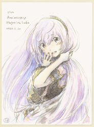  anniversary armband black_shirt blue_eyes character_name commentary dated detached_sleeves epoxy_putty female hairband hand_in_own_hair hand_to_own_mouth long_hair megurine_luka open_mouth painting_(medium) pink_hair shirt single_sleeve smile solo traditional_media upper_body vocaloid watercolor_(medium) 