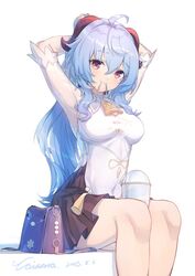  adjusting_hair armpits arms_up bag bell between_thighs black_skirt blue_hair breasts caisena casual closed_mouth cowbell cup dated disposable_cup female ganyu_(genshin_impact) ganyu_(heytea)_(genshin_impact) genshin_impact goat_horns hair_between_eyes hair_tie_in_mouth highres horns long_hair medium_breasts mouth_hold neck_bell official_alternate_costume pleated_skirt purple_eyes see-through see-through_sleeves shirt shoulder_bag sidelocks signature simple_background sitting skirt solo taut_clothes taut_shirt tying_hair white_background white_shirt 