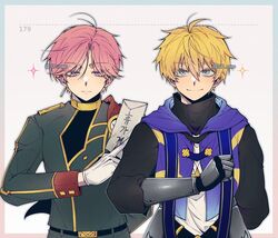  2boys blonde_hair blue_eyes formal halloween_(owo) highres johan_talede johan_talede_(light) joshua_levinth joshua_levinth_(fire) korean_commentary looking_at_viewer lord_of_heroes male_focus multiple_boys pink_hair purple_eyes talisman white_background 