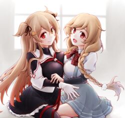  2girls arm_warmers asymmetrical_docking black_serafuku black_skirt bow bowtie braid breast_press breasts brown_eyes cloud_hair_ornament commentary_request gloves grey_skirt hair_flaps heterochromia kantai_collection light_brown_hair long_hair low_twin_braids medium_breasts meihemu minegumo_(kancolle) multiple_girls murasame_(kancolle) murasame_kai_ni_(kancolle) plaid plaid_bow plaid_neckwear pleated_skirt red_bow red_bowtie red_eyes school_uniform serafuku shirt sitting skirt smile suspender_skirt suspenders twin_braids two_side_up white_gloves white_shirt 