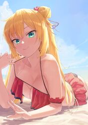  akai_haato akai_haato_(hololive_summer_2019) ass beach bikini blonde_hair blue_eyes blue_sky blush breasts cleavage cloud day female frilled_bikini frills hair_between_eyes hair_bun hair_ribbon halterneck highres hololive large_breasts layered_bikini long_hair looking_at_viewer lying makimaki_makky7 official_alternate_costume official_alternate_hairstyle on_stomach outdoors pink_ribbon red_bikini ribbon sand single_hair_bun single_side_bun sky smile solo strap_pull swimsuit very_long_hair virtual_youtuber 