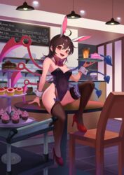  ahoge alternate_costume animal_ears arm_support asymmetrical_wings black_hair black_leotard black_thighhighs blue_bow blush bow bowtie breasts cake ceiling_light chair chocolate_cake cleavage commentary_request commission covered_navel cupcake female food footrest garter_straps hair_between_eyes high_heels highres holding holding_tray houjuu_nue indoors knee_up legband leotard light_rays looking_at_viewer medium_breasts medium_hair nail_polish oerba_yun_fang open_mouth plate plate_stack playboy_bunny rabbit_ears recare red_bow red_bowtie red_eyes red_footwear red_nails sitting sitting_on_table smile solo thighhighs touhou tray v-shaped_eyebrows vending_cart wings wrist_cuffs 