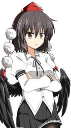  black_hair black_skirt breasts brown_eyes crossed_arms female hat highres long_sleeves open_mouth pleated_skirt pom_pom_(clothes) red_hat rise_(rise19851203) shameimaru_aya shirt simple_background skirt solo tokin_hat touhou white_background white_shirt wings 