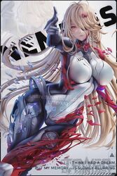  blonde_hair bodysuit breasts character_name closed_mouth cyborg english_text female finger_gun hair_ornament highres jpeg_artifacts large_breasts lirenya long_hair nemesis_(tower_of_fantasy) paid_reward_available red_eyes shattered solo tower_of_fantasy watermark 