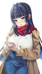  absurdres black_hair blue_eyes blue_hair blue_pants blunt_bangs breasts breath brown_coat coat coffee colored_inner_hair cowboy_shot cup denim ear_piercing female hair_intakes highres holding holding_cup hololive hololive_english jeans large_breasts long_hair long_sleeves multicolored_hair oerba_yun_fang open_clothes open_coat open_mouth ouro_kronii ouro_kronii_(casual) pants piercing red_scarf revision scarf simple_background skin_fang sleeves_past_wrists smile solo sweater teacup two-tone_hair virtual_youtuber white_background white_sweater yan.c 