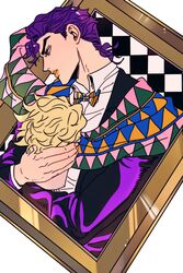  1boy blonde_hair bow bowtie commentary_request dio_brando highres holding_head jacket jojo_no_kimyou_na_bouken jonathan_joestar long_sleeves looking_to_the_side male_focus official_alternate_costume parted_lips phantom_blood picture_frame profile purple_hair scarf severed_head shenshan_laolin triangle_print 