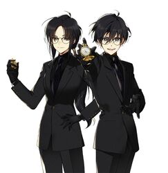  1boy bad_id bad_twitter_id black_eyes black_hair breasts clock female formal glasses gloves iinnddiiggoo22 inactive_account korean_commentary looking_at_viewer lord_(lord_of_heroes) lord_of_heroes male_lord_(lord_of_heroes) pale_skin pocket_watch suit watch 