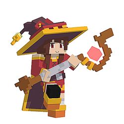  3d animated animated bandaged_leg bandages bare_shoulders box_body brown_hair cape commentary dancing dress female hat holding holding_staff kono_subarashii_sekai_ni_shukufuku_wo! looking_at_viewer looping_animation lowres megumin minecraft mlkewatnot pixel_art red_dress red_eyes short_hair_with_long_locks simple_background single_thighhigh smile solo staff swaying thighhighs white_background witch_hat 