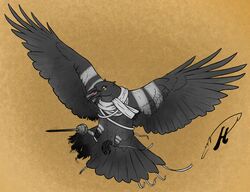  2022 ambiguous_gender avian beak bird black_beak black_body black_feathers black_tail_feathers black_wings brown_background brown_sclera burnt_feathers charred_feathers eryll_(pinkrathian) feathers female_(lore) feral flying hi_res holding_melee_weapon holding_object holding_object_with_feet holding_sword holding_weapon melee_weapon rapier simple_background solo stripes sunless_skies sword sword_pointing victorian weapon white_body white_feathers white_stripes wings wrappings wyatttheriot 