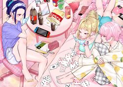  3girls akino_sayuri aqua_shorts aqua_tank_top barefoot blonde_hair blue_hair blue_headband blue_nails book breasts card chair chips_(food) cleavage collarbone collared_shirt cup dolphin_shorts dosanko_gal_wa_namaramenkoi food fuyuki_minami hair_behind_ear hair_bun handheld_game_console headband highres ikada_kai indoors lemon_print looking_down lying medium_breasts mirror multiple_girls nail_polish natsukawa_rena nintendo_switch office_chair official_art on_bed on_stomach pink_eyes pink_hair playing_card potato_chips purple_eyes purple_shirt red_eyes shirt shorts single_hair_bun sitting smile soda soda_bottle swivel_chair toenail_polish toenails white_shorts yellow_nails 