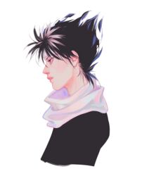  1boy black_hair black_shirt classic-tea commentary from_side headband hiei_(yu_yu_hakusho) male_focus parted_lips pink_lips profile red_eyes scarf shirt simple_background solo spiked_hair upper_body white_background white_scarf yu_yu_hakusho 