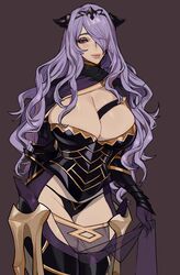  absurdres black_panties breasts brown_background camilla_(fire_emblem) cleavage clothes_lift commentary ennuigrl female fire_emblem fire_emblem_fates hair_over_one_eye highres huge_breasts lifting_own_clothes light_smile lips long_hair looking_at_viewer panties pelvic_curtain pelvic_curtain_lift purple_eyes purple_hair simple_background solo thick_lips thighs underwear veil 