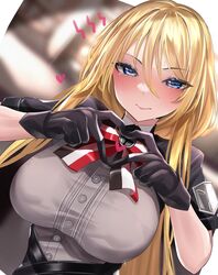  azur_lane bismarck_(azur_lane) bismarck_(iron_black_elysium)_(azur_lane) black_gloves blonde_hair blue_eyes blurry blurry_background blush breasts commentary_request female gloves heart heart_hands highres keishi_surota large_breasts long_hair looking_at_viewer official_alternate_costume short_sleeves sweat upper_body 