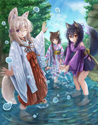  3girls :d :o ;d animal_ear_fluff animal_ears bare_shoulders barefoot black_hair black_skirt blue_eyes blue_flower blush brown_eyes brown_footwear brown_hair cat_ears commentary_request day detached_sleeves flower folded_ponytail fox_ears fox_girl fox_tail hair_between_eyes hair_flower hair_ornament hairclip hakama hakama_skirt highres iroha_(iroha_matsurika) japanese_clothes kimono koyoi_(iroha_(iroha_matsurika)) kunoichi-chan_(iroha_(iroha_matsurika)) long_hair long_sleeves miko multiple_girls mutsuki_(iroha_(iroha_matsurika)) obi one_eye_closed open_mouth original outdoors purple_eyes purple_kimono purple_sleeves red_hakama sandals sash side_slit skirt sleeveless sleeveless_kimono smile splashing tail very_long_hair water water_drop white_kimono wide_sleeves wolf_ears wolf_girl wolf_tail x_hair_ornament yagasuri zouri 