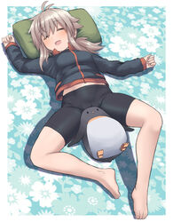  antenna_hair arm_up barefoot between_thighs bike_shorts bird black_shorts blonde_hair blue_jacket closed_eyes commentary_request feet female highres hijikata-san_(m.m) jacket koshirae_tsurugi_(m.m) legs long_hair lying m.m navel on_back open_mouth original penguin pillow ponytail shorts sleeping spread_legs thighs toes track_jacket 