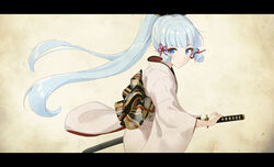  aged_down blue_hair blunt_bangs female fighting_stance genshin_impact hair_ribbon holding holding_sword holding_weapon japanese_clothes kamisato_ayaka kimono letterboxed long_hair long_sleeves looking_at_viewer ponytail ready_to_draw ribbon sidelocks solo suke_(momijigari) sword weapon white_kimono wide_sleeves yukata 