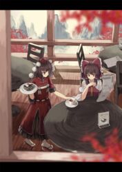  2girls alternate_costume autumn_leaves bad_id bad_pixiv_id black_hair blurry blurry_foreground bow brown_hair cafe cake cake_slice chair chinese_clothes commentary cup detached_sleeves dress food from_above from_outside hair_tubes hairbow hakurei_reimu hat highres holding holding_newspaper holding_saucer holding_tray layered_dress letterboxed looking_to_the_side mountain multiple_girls newspaper nontraditional_miko ookashippo platform_footwear pom_pom_(clothes) reading red_dress red_eyes red_headwear sandals saucer shameimaru_aya short_hair sidelocks sitting smile tabi table teacup tokin_hat touhou tray waitress white_legwear wooden_floor 