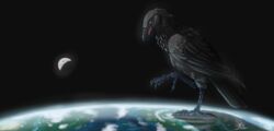  2018 4_toes anisodactyl apothem australian_raven avian bird cloud continent corvid corvus_(genus) deity destruction earth featureless_crotch feet feral hi_res looking_down macro magpi male moon open_mouth oscine passerine planet raised_foot raven sea solo space standing_on_planet talons terra_macro toes tongue water 