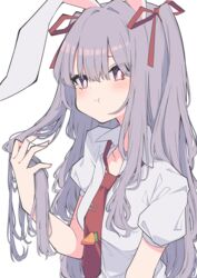  alternate_hairstyle animal_ears bright_pupils carrot_pin closed_mouth collared_shirt commentary female hair_ribbon hand_in_own_hair highres long_hair looking_at_viewer necktie pout purple_hair rabbit_ears red_eyes red_necktie red_ribbon reisen_udongein_inaba ribbon shirt short_sleeves simple_background solo touhou tsukimirin two_side_up upper_body white_background white_pupils white_shirt 