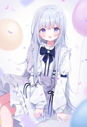  :d balloon blue_bow blush bow commentary_request confetti deyui dress feet_out_of_frame female frilled_dress frills grey_background grey_hair hair_between_eyes highres juliet_sleeves long_hair long_sleeves looking_at_viewer puffy_long_sleeves puffy_sleeves purple_eyes shiratori_rena sitting smile solo teeth upper_teeth_only very_long_hair virtual_youtuber voice-ore white_dress 