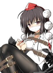  belt black_hair black_pantyhose bound breasts brown_eyes cloth_gag female gag gagged hat highres improvised_gag pantyhose pom_pom_(clothes) red_hat rise_(rise19851203) shameimaru_aya simple_background solo thighband_pantyhose tokin_hat touhou white_background wings 