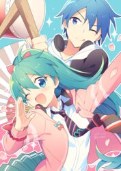  1boy :p aqua_eyes aqua_hair aqua_skirt blue_eyes blue_hair bow calling cherry_blossoms commentary dated drum drumsticks female folding_fan hairbow hand_fan hand_up hatsune_miku headphones headphones_around_neck hood hoodie instrument jacket kaito_(vocaloid) long_hair necktie one_eye_closed ooedo_julia_night_(vocaloid) open_mouth petals pink_bow pink_jacket ponytail project_diva_(series) ribbon_girl_(module) school_uniform_parka_(module) shirt sinaooo skirt smile sparkle tongue tongue_out twitter_username upper_body v-shaped_eyebrows very_long_hair vocaloid white_shirt 