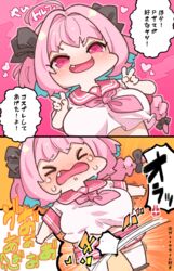  &gt;_&lt; 3: :d ahoge astolfo_(fate) astolfo_(fate)_(cosplay) astolfo_(sailor_paladin)_(fate) black_bow blue_hair blush bow braid breasts chibi collar colored_inner_hair commentary cosplay crop_top crying d: double_v dutch_angle fate/apocrypha fate_(series) female hair_intakes hairbow heart idolmaster idolmaster_cinderella_girls large_breasts long_hair looking_at_viewer miniskirt multicolored_hair necktie oerba_yun_fang official_alternate_costume open_mouth pink_eyes pink_hair pink_necktie pink_skirt pleated_skirt school_uniform serafuku shirt short_sleeves skirt smile solo symbol-only_commentary takato_kurosuke tears translation_request v white_shirt yumemi_riamu 