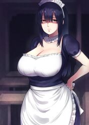  apron bifidus black_hair breasts brown_eyes cleavage commentary_request detached_collar expressionless eyes_visible_through_hair female frills hand_on_own_hip huge_breasts long_hair maid maid_headdress original puffy_short_sleeves puffy_sleeves short_sleeves solo underbust waist_apron 