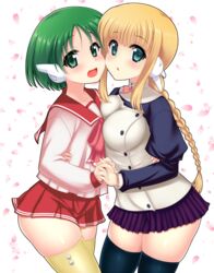  2girls android blonde_hair blue_eyes blush braid breasts green_eyes green_hair long_hair looking_at_viewer multi_(to_heart) multiple_girls open_mouth pleated_skirt robot_ears school_uniform shintarou_(multi0319) short_hair silfa_(to_heart) single_braid skirt thighhighs to_heart to_heart_(series) to_heart_2 