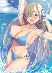  :d alternate_costume armpits arms_behind_head arms_up asuna_(blue_archive) bad_id bad_twitter_id bikini blue_archive blue_bikini blue_eyes blue_ribbon blue_sky blush breasts cleavage cloud commentary cowboy_shot day female front-tie_top hair_over_one_eye hair_ribbon halo halterneck highres inactive_account large_breasts light_brown_hair long_hair looking_at_viewer navel o-ring o-ring_bikini ocean off_shoulder one_eye_covered open_clothes open_mouth open_shirt outdoors ribbon see-through see-through_shirt shirt side-tie_bikini_bottom sky smile solo stomach string_bikini super_nagoyaka swimsuit thighs tsurime very_long_hair water water_drop wet wet_clothes 