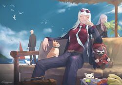  1boy 3girls :o agent_47 ak-12_(girls&#039;_frontline) ak-12_(lucia)_(girls&#039;_frontline) ak-15_(erwin)_(girls&#039;_frontline) ak-15_(girls&#039;_frontline) artist_name banana beach beach_umbrella belt beret bird black_jacket black_pants blue_sky breasts brown_belt brown_hair business_suit case chinese_commentary closed_eyes closed_mouth commentary couch eyewear_on_head feet_out_of_frame feline female_commander_(girls&#039;_frontline) food formal fruit gblamgo girls&#039;_frontline griffin_&amp;_kryuger_military_uniform hand_on_own_cheek hand_on_own_face hat highres hitman_(game) id_card jacket long_hair long_sleeves looking_at_viewer medium_breasts multiple_girls necktie official_alternate_costume official_style open_clothes open_jacket open_mouth outdoors pants parted_lips ponytail purple_eyes red_necktie red_shirt shirt sidelocks sitting sky smile standing suit sunglasses table umbrella white_hair white_necktie white_shirt 