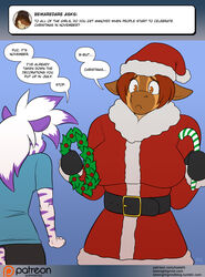  2020 5_fingers anthro ask_blog belt big_breasts blue_background breasts brown_body brown_eyes brown_fur candy candy_cane christmas christmas_clothing christmas_decorations christmas_headwear christmas_ornament christmas_wreath clothed clothing conditional_dnp costume dessert dialogue dialogue_box diamond_(kadath) digital_media_(artwork) duo english_text equid equine female fingers food fur giraffe giraffid gloves hair handwear hat headgear headwear highlights_(coloring) holidays kadath mammal orange_eyes patreon patreon_logo purple_highlights purple_stripes puzzle_(kadath) red_hair sad santa_costume santa_hat simple_background speech_bubble striped_body striped_fur stripes text translucent translucent_hair url website_logo white_body white_fur white_hair wreath zebra 