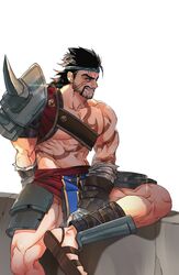  1boy armor bara beard beard_stubble black_hair draven earrings facial_hair grin highres jewelry large_pectorals league_of_legends long_mustache mag_cora_imparo male_focus mature_male medium_hair moustache muscular muscular_male navel pectorals pelvic_curtain single_bare_shoulder single_shoulder_pad sitting smile solo stubble sweat teeth thighs v-shaped_eyebrows very_sweaty 