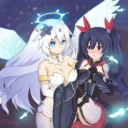  2girls angel aqua_eyes armor armored_boots armored_dress bare_shoulders black_hair black_heart_(neptunia) blush boots breasts carrying cleavage closed_mouth commentary_request dated dual_persona embarrassed expressionless feathered_wings feathers flower four_goddesses_online:_cyber_dimension_neptune garter_straps hair_between_eyes hair_flower hair_ornament hair_ribbon halo highres jewelry long_hair medium_breasts multiple_girls neptune_(series) noire_(neptunia) open_mouth princess_carry red_eyes ribbon rkaode14 symbol-shaped_pupils thighhighs twintails very_long_hair wings 