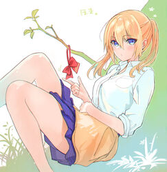  blonde_hair blue_eyes blue_skirt bow bowtie branch clothes_around_waist commentary_request female grass hand_on_own_stomach jacket jacket_around_waist leaf leaning_back legs looking_at_viewer miniskirt official_art onishima_homare outdoors red_bow red_bowtie sagara_riri school_uniform shirt sitting skirt sleeves_rolled_up solo sounan_desuka? twintails unworn_bowtie white_shirt 