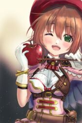  ;d apple arrow_through_apple belt_pouch blush breasts brown_hair capelet female food fruit gloves highres one_eye_closed pink_capelet pommier_(sennen_sensou_aigis) pouch red_headwear sennen_sensou_aigis sinonome_tounsai small_breasts smile solo upper_body white_gloves 