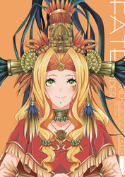  absurdres aztec blonde_hair bracer breasts chin_piercing closed_mouth collar copyright_name detached_collar fate/grand_order fate_(series) feathers female green_eyes headband headdress highres jewelry large_breasts long_hair looking_at_viewer metal_collar necklace orange_background parted_bangs poncho quetzalcoatl_(fate) sidelocks simple_background smile solo yuuta_(yuuta0312) 