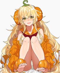  aogisa bad_id bad_pixiv_id barefoot blonde_hair blush dress feet female food-themed_hair_ornament girls&#039;_frontline green_eyes hair_ornament highres jacket long_hair looking_at_viewer official_alternate_costume open_mouth orange_jacket panties pantyshot pumpkin_costume pumpkin_hair_ornament s.a.t.8_(girls&#039;_frontline) s.a.t.8_(pumpkin_skewers)_(girls&#039;_frontline) sitting soles solo toes underwear white_background white_panties 