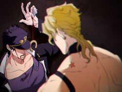  2boys bare_back birthmark black_hair blonde_hair blood blood_on_face blood_on_hands blurry chains depth_of_field dio_brando gakuran halterneck hat hat_over_eyes impaled joestar_birthmark jojo_no_kimyou_na_bouken knife kujo_jotaro less_end male_focus multiple_boys restrained school_uniform stab stardust_crusaders stationary_restraints 