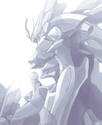  1boy absurdres ernesti_echevalier from_behind greyscale highres ikaruga_(knight&#039;s_&amp;_magic) ishiyumi knight&#039;s_&amp;_magic leaning_forward looking_down male_focus mecha monochrome on_mecha robot science_fiction sitting v-fin white_background 