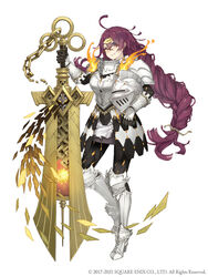  ahoge armor armored_boots blue_eyes boots braid breastplate dorothy_(sinoalice) faulds female full_body gauntlets glasses hair_ornament hairclip helmet holding holding_helmet holding_sword holding_weapon huge_weapon ji_no long_hair looking_at_viewer messy_hair official_art one_eye_closed over-rim_eyewear plate_armor purple_hair semi-rimless_eyewear shoulder_armor sinoalice smile solo square_enix sword unworn_headwear unworn_helmet weapon white_background 