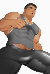  1boy bara black_hair black_pants blush covered_abs covered_nipples dark-skinned_male dark_skin from_below grey_tank_top highres kansuke_(kansuke_717) large_pectorals male_focus midriff_peek muscular muscular_male original pants pectorals short_hair simple_background solo strongman_waist sweat tank_top thick_thighs thighs white_background 