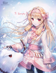  ainu_clothes animal artist_name bear black_gloves black_pantyhose blonde_hair bow breasts commentary commission cowboy_shot creature dress fate/grand_order fate_(series) female fingerless_gloves glint gloves hair_ornament hairband hairbow illyasviel_von_einzbern long_hair long_sleeves looking_at_viewer mountain outdoors pantyhose petting pink_dress pink_hairband polar_bear red_eyes red_hairband roang sash sheath sheathed shirou_(bear)_(fate) sidelocks sitonai_(fate) small_breasts smile snow solo straddling straight_hair sword weapon wide_sleeves 