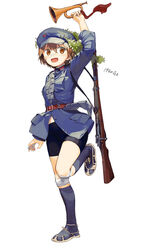  absurdres adapted_uniform bad_id bad_pixiv_id bike_shorts blue_headwear blue_legwear brown_eyes brown_hair bugle chinese_army chinese_workers&#039;_and_peasants&#039;_red_army female full_body gewehr_88 hair_between_eyes highres holding holding_instrument instrument long_sleeves looking_at_viewer military military_uniform military_vehicle original sandals short_hair simple_background solo uniform white_background zhongye_yu 