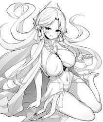  azur_lane azur_lane:_slow_ahead bare_shoulders breasts brest_(azur_lane) cleavage dress female greyscale high_heels hori_(hori_no_su) large_breasts monochrome official_art open_mouth parted_bangs parted_lips sitting smile solo underboob 