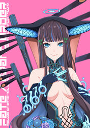  absurdres bare_shoulders black_dress black_gloves black_headwear blue_eyes blunt_bangs blush breasts center_opening closed_mouth dress elbow_gloves fate/grand_order fate_(series) female gloves hair_ornament halo hand_on_own_chest highres large_breasts leaf_hair_ornament long_hair looking_at_viewer pink_background pipa_(instrument) purple_hair simple_background smile solo very_long_hair yang_guifei_(fate) yang_guifei_(third_ascension)_(fate) yuuta_(yuuta0312) 