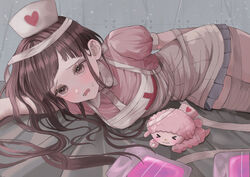  &gt;_&lt; absurdres apron bandaged_leg bandages blood blood_bag blue_skirt blush breasts brown_hair collared_shirt commentary cowboy_shot danganronpa_(series) danganronpa_2:_goodbye_despair female hat heart heart_print highres long_hair lying medium_breasts my_sweet_piano nurse nurse_cap on_side open_mouth pink_blood pink_eyes pink_shirt puffy_short_sleeves puffy_sleeves sanrio shirt short_sleeves skirt solo sweatdrop tsumiki_mikan uminekohigurasinonakukoroni 