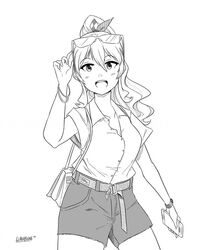  alternate_costume alternate_hairstyle arm_up bag belt bracelet cellphone commentary english_commentary eyewear_on_head female greyscale hair_ribbon jewelry kantai_collection kashima_(kancolle) long_hair monochrome open_mouth phone ponytail ribbon shirt shorts shoulder_bag signature simple_background smartphone solo sunglasses unbuttoned wangphing watch white_background wristwatch 