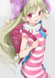  american_flag_dress backpack bag blonde_hair blush chikado clownpiece dress female hat highres jester_cap long_hair looking_at_viewer open_mouth pink_eyes polka_dot polka_dot_headwear purple_hat randoseru short_sleeves solo star_(symbol) star_print striped_clothes striped_dress touhou upper_body 