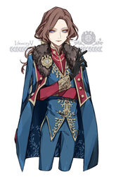  1boy alternate_hair_color bad_id bad_pixiv_id black_gloves blue_eyes brooch brown_hair coat coat_on_shoulders commentary_request copyright_name eyeshadow fur-trimmed_coat fur_trim gloves highres identity_v jewelry joseph_desaulniers kouri_(kyorosuukeeeeeee) lipstick long_sleeves low_ponytail makeup male_focus official_alternate_costume ponytail red_eyeshadow red_lips simple_background smile solid_eyes solo white_background 